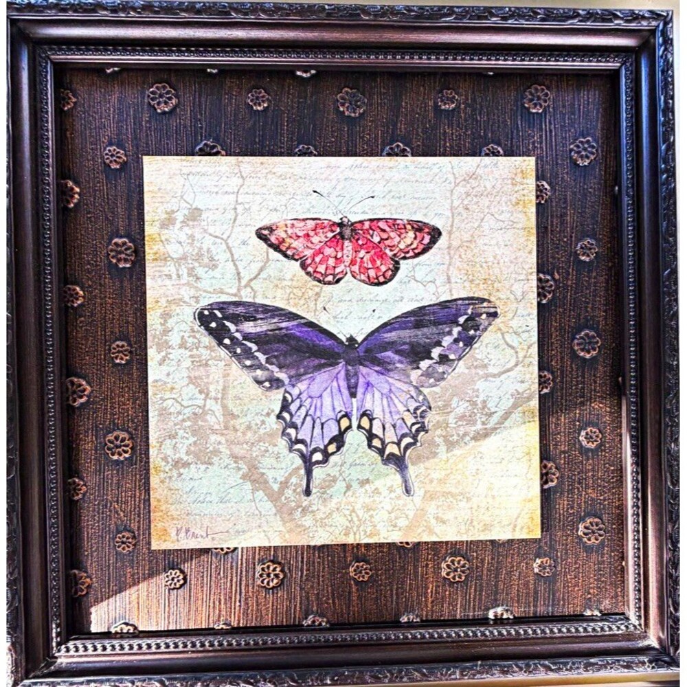 Framed Butterfly Wooden Wall Plaque, Square Brown Floral & Nature Hanging Decor